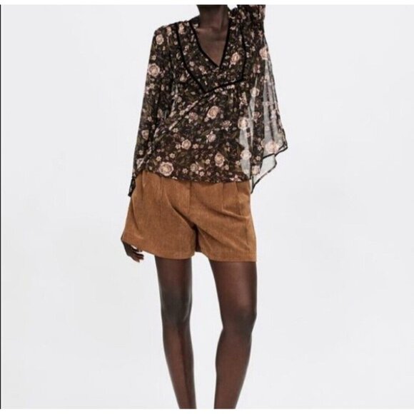 Zara Sheer Floral Blouse Womens Size Medium Black Long Sleeve Boho Peasant Top - Picture 5 of 16